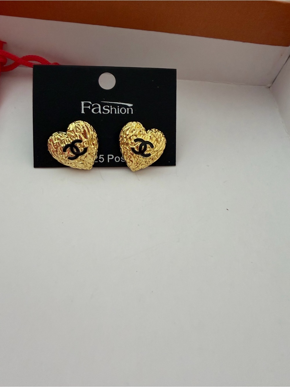 Gold Heart Stud Earrings with Black Accent, fashion jewelry - Picture 5 of 8
